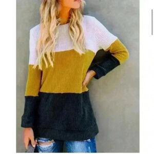 Boutique Brand Waffle Knit Crew Neck Long Sleeve Color-block Pullover